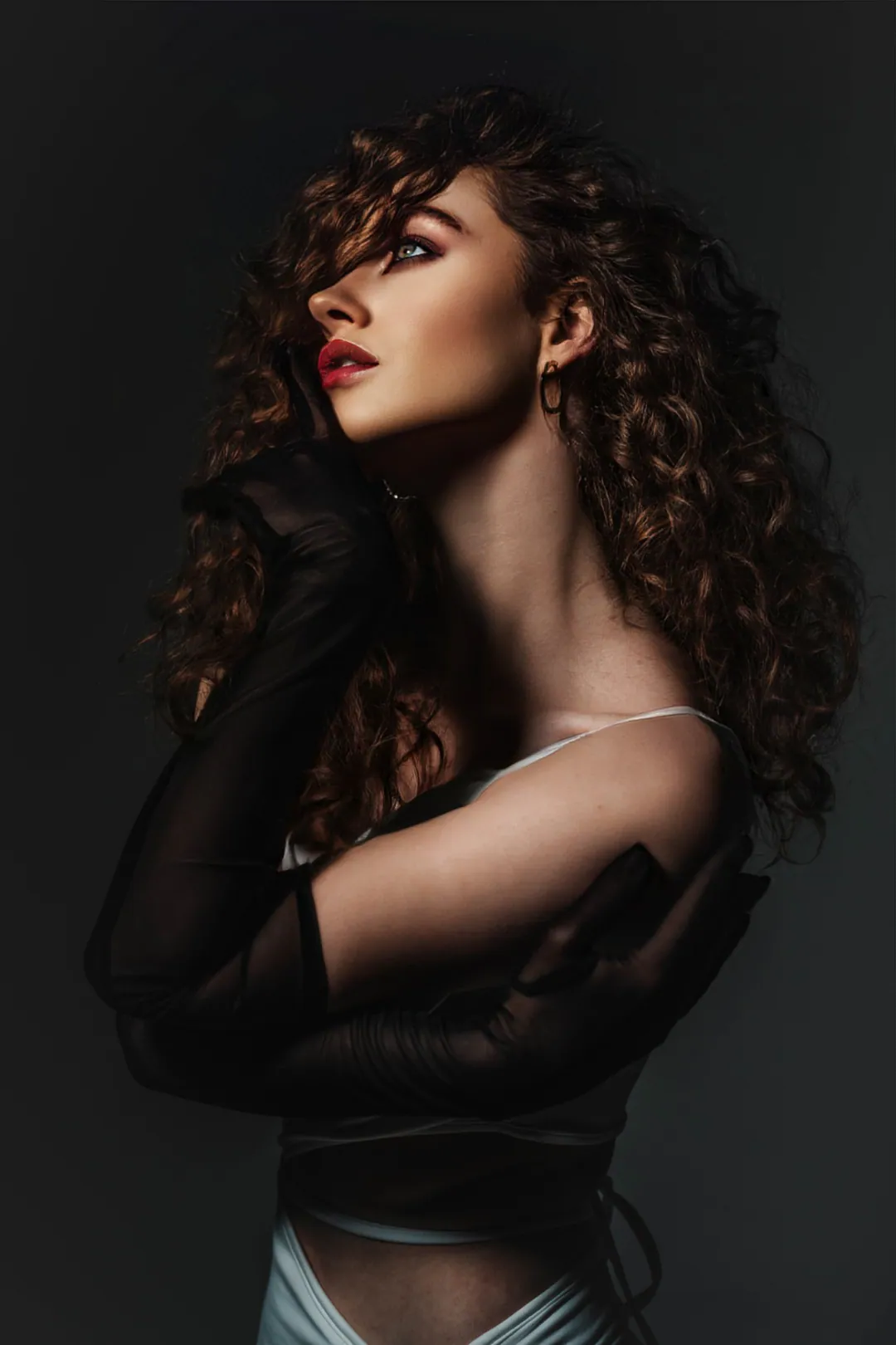 Woman with long curly hair and red lips in sheer black sleeves, arms folded, in dramatic low-key light